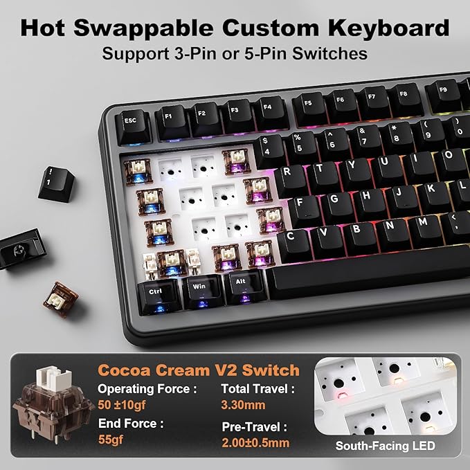 YUNZII B75 PRO MAX QMK/VIA Wireless Mechanical Keyboard75% Layout with Screen and KnobCustom Hot Swap GasketCreamy Pre-lubed SwitchesBluetooth/Type-C/2.4G for Win/Mac (BlackCocoa Cream V2 Switch)