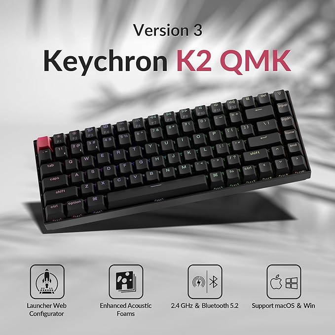 Keychron K2 75% Layout QMK Wireless and Wired Options Mechanical Keyboard Super Banana Switch RGB Backlit with Shine-Through Double-Shot PBT Keycaps for Mac Windows-Version 3