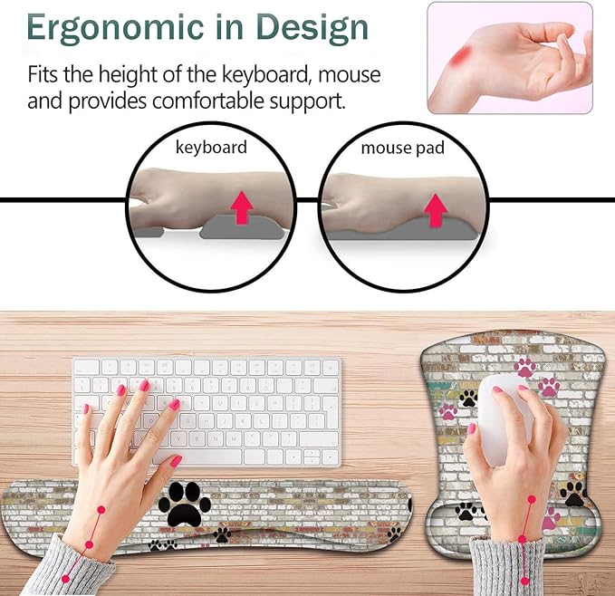 Keyboard Wrist Support + Wrist Mousepad + Coaster Combination Non-Slip PU Base with Gel Memory Mousepad Suitable for Gaming Office Pain Relief Mousepad Set - Cute Dog Paw Prints