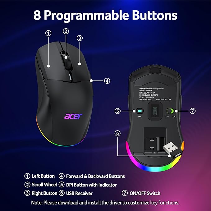 acer Wireless Gaming Mouse for Laptop 24000 DPI Wired Computer Mouse with 8 Programmable Buttons Left &amp Right Hand Rechargable Gaming Mice Long Battery Life RGB Lighting Gamer for PC Deskto