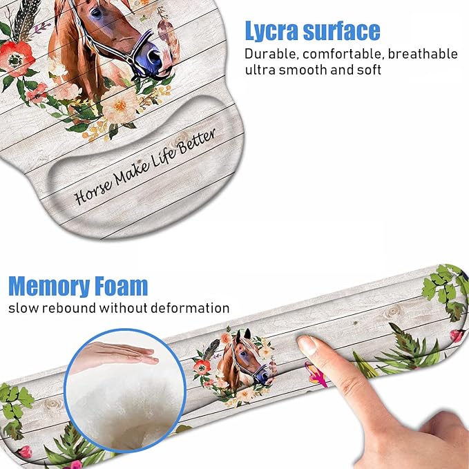 Keyboard Wrist Rest + Mouse Pad Wrist Support Set with Coasters Non-Slip PU Base Ergonomic Mousepad for Home Office Working Studying Easy Typing &amp Pain Relief Horse Theme Horses Make Life Bette