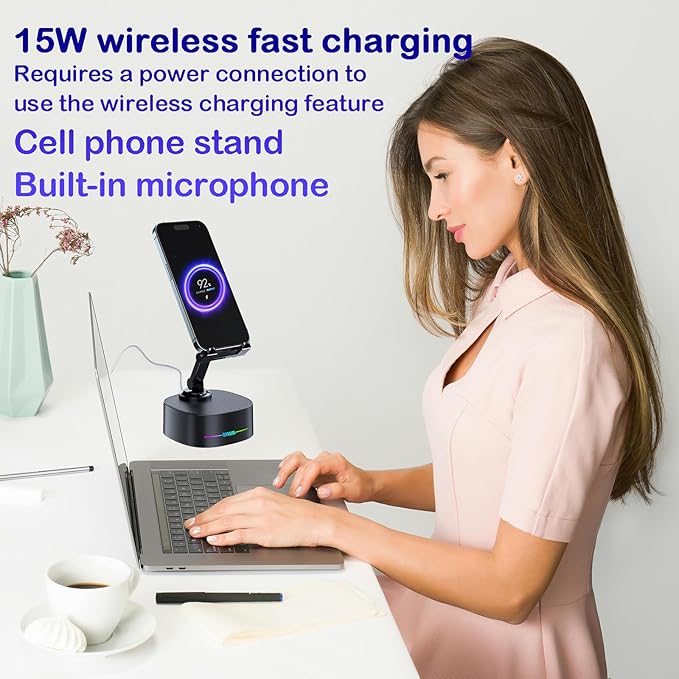 Bluetooth Speaker with Wireless Charging and Cell Phone StandBest Speaker Stand for iPhone/iPad/Samsung GalaxyHD Surround Sound Perfect for Home and OutdoorsCreative Gift (Black)