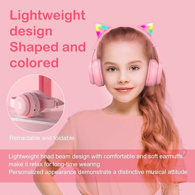 Pink Bluetooth Cat Ear Headphones for Kids &amp Adults Wireless &amp Wired Mode Foldable Headset with Mic - Clear Sound Quality - RGB LED Light for Girls School Gaming for Phone/Laptop/PC/Tablet