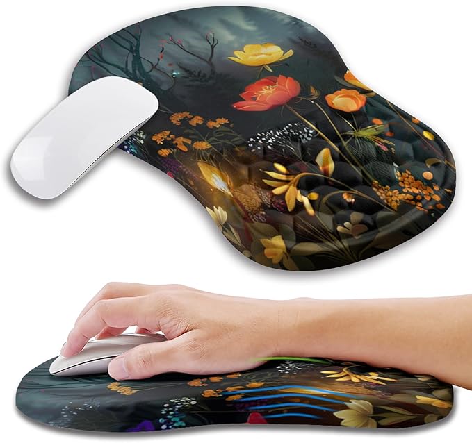 Ergonomic Mouse Pad Wrist Support with Memory Foam Massage Bulge Carpal Tunnel Pain Relief Mousepad Wrist Rest for Mouse(12x8 inch Midnight Forest)