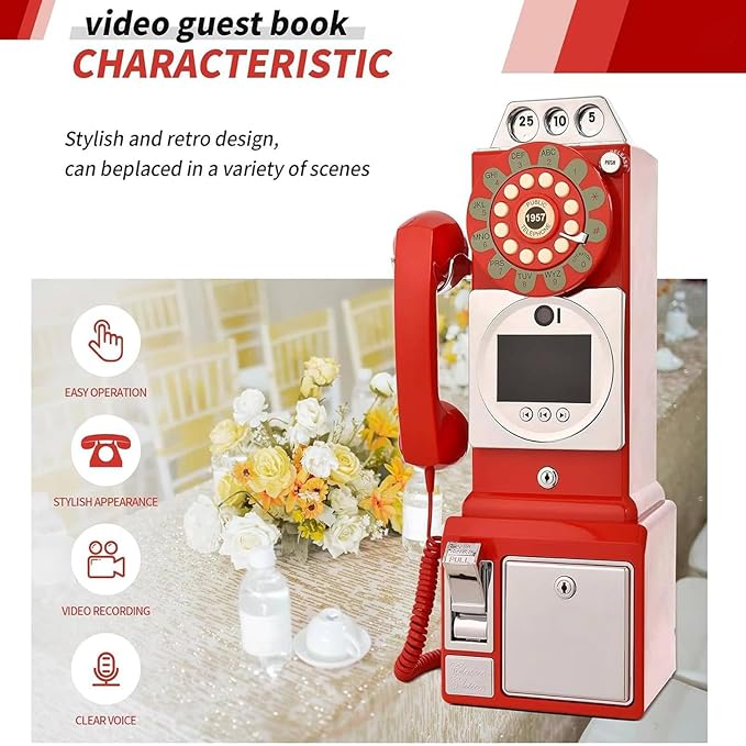 1080P Video Audio GuestBook Wedding Phone 64G SD Card Customized Video Audio Guest Book Alternatives with Lens Recording for Birthday Party Anniversary Engagement Red