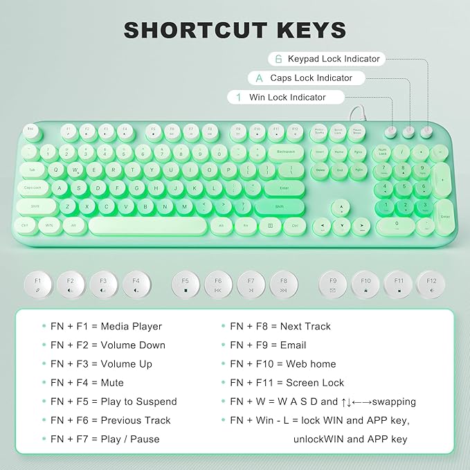 Wired Keyboard with Backlit Light Up Computer Keyboards with Multimedia Keys Full Size Wired Keyboard With Illuminated LED Plug and Play Anti-Wear Letters for Laptop Desktop- Green Colorful