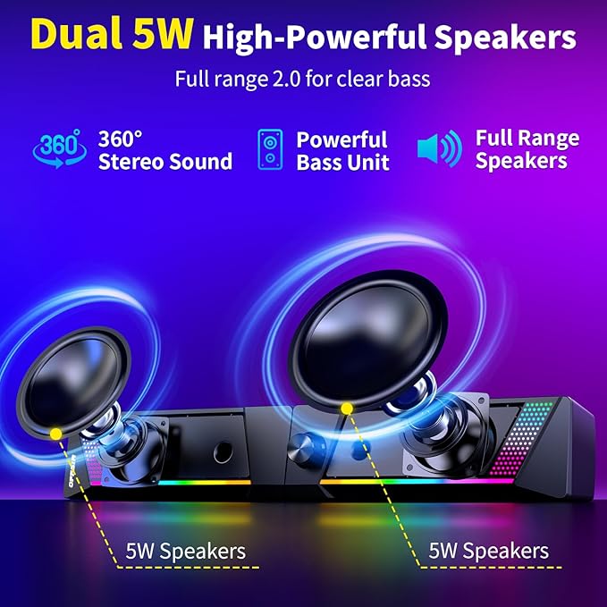 Computer Speakers 2 in 1 PC Speaker  Gaming Speakers for PC Computer Laptop Desktop Monitor RGB Speakers with Touch Sensitive Lighting USB Powered 3.5mm Aux（Package Only Two Speaker No Soundbar）