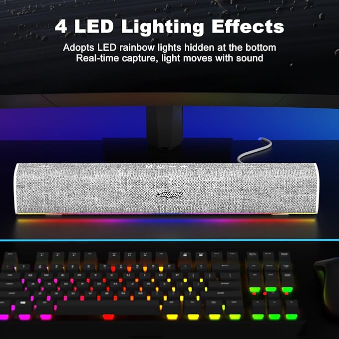 SOULION R100 Bluetooth Computer Speakers with Dynamic LED Light USB Plug &amp Play PC Speakers with Switch Button Clearly Sound Soundbar for Desktop Laptop Monitor White (USB-C to USB Adapter Inclu