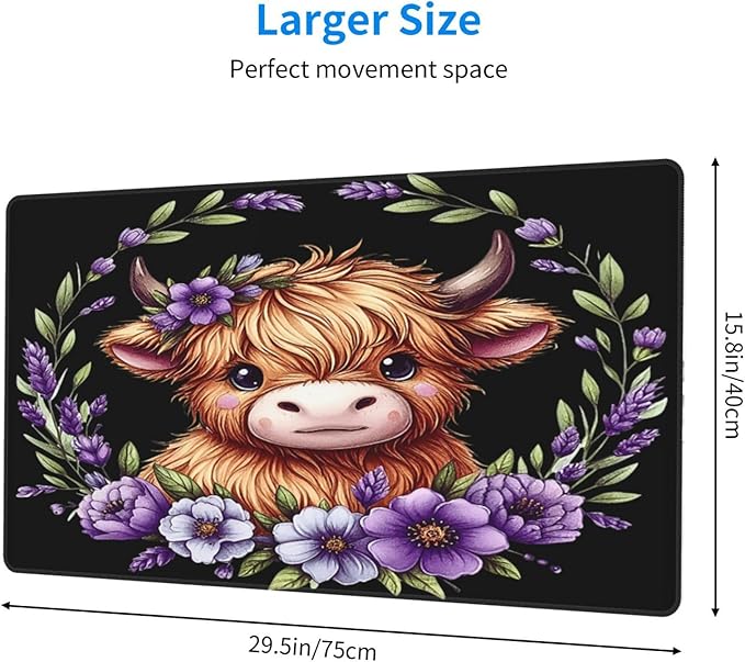 Cute Highland Cow Purple Floral Mouse Pad Non Slip Large Desk Keyboard Mat Gaming Protection Pad 16X29.5 Inch
