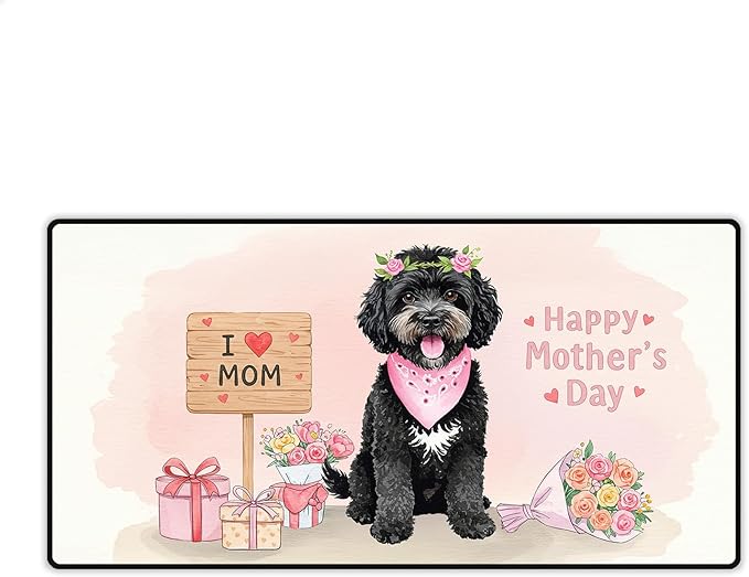 Happy Mother's Day Portuguese Water Dog Love Dog Mom Heart Flower Desk Mat Full Keyboard Mouse Pad PWD Portie Fishing Dog Lover Large Mousepad 12004