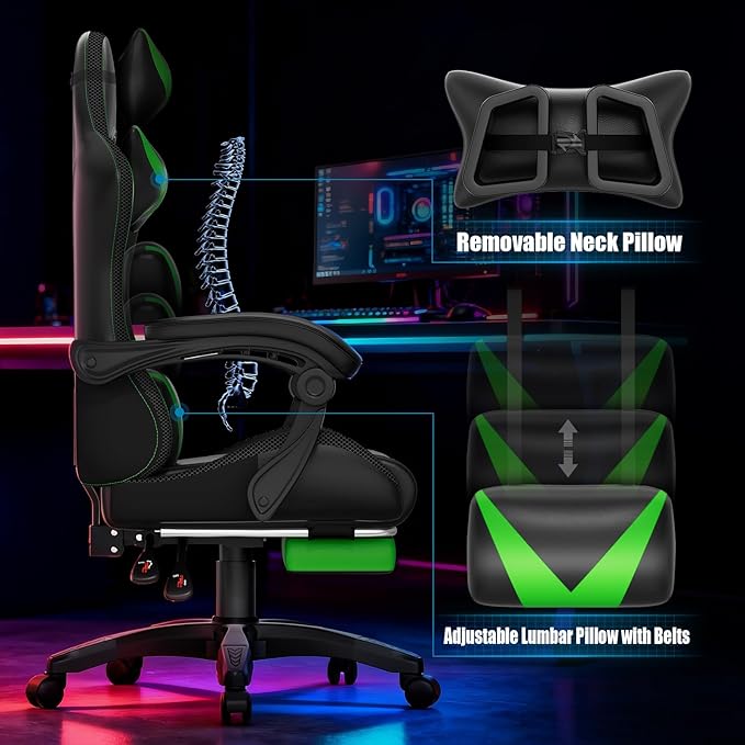 Gaming Chair Racing Style RGB LED Lights Gaming Chairs for Adults and Kids Lumbar Massager Gamer Chair High Back Reclining Computer Chair with Footrest and Headrest (Black/Green)