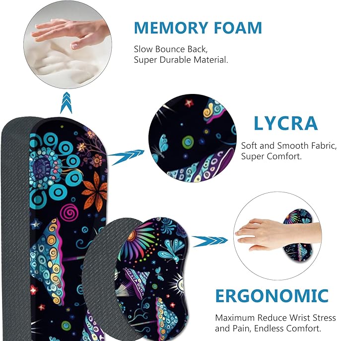 AIMSA Large Gaming Mouse Pad Set Keyboard Wrist Rest Support+ Extended Mousepad+ Mouse Wrist Cushion+Coaster Ergonomic Multifunctional Desk Mat 35x15.7in Colorful Abstract Mushrooms
