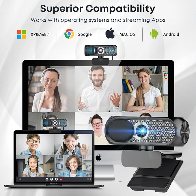 2K Webcam with Microphone Noise Cancellation Privacy Cover Wide-Angle Lens Auto Light Correction Plug &amp Play USB Webcam for Laptop Desktop PC Mac Zoom Skype Streaming (Black)