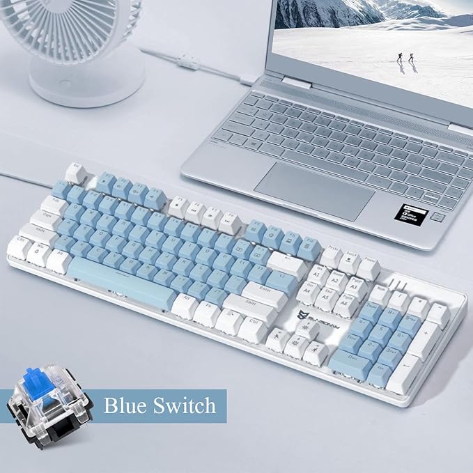 Qisan 104 Mechanical Keyboard for Gaming | Large Size USB White Backlit Gaming Keyboard Wired | US Layout Blue Switches Hot Swappable Mechanical Clicky Keyboards Compatible with PC &amp Laptop