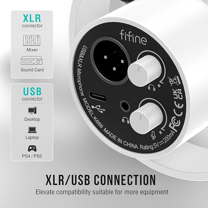 FIFINE Podcast XLR/USB Microphone Kit Studio Dynamic Vocal Mic for Recording Streaming Voice-Over PC Microphone with Boom Arm with Mute Headphone Monitoring Metal-AmpliTank K688T White