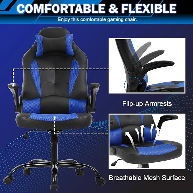 Gaming Chair Racing Chair with Lumbar Support - High Comfort PU Leather Ergonomic Office Desk &amp PC Gaming Chair for Adults Men Women - Flip-Up Arms &amp Headrest Blue