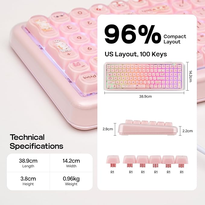 MechLands X Maorbeng X100 PRO Membrane Gaming Keyboard with Number Pad RGB Backlits Wireless Computer Keyboard with 5000mAh Battery BT/2.4G/USB-C Wired 96% Layout for Windows/Mac/PC (Pink)