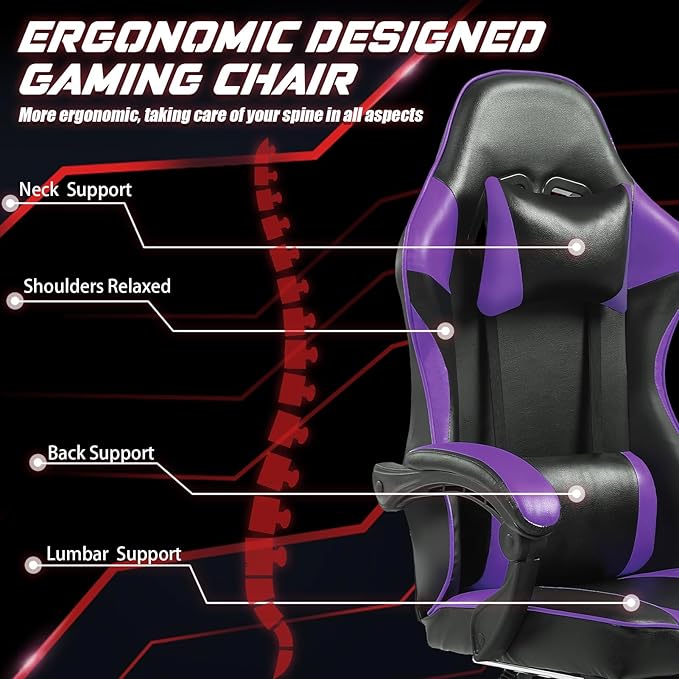 Gaming Chair Computer Chair with Footrest and Lumbar Support Ergonomic Video Game Chair with Headrest and 360°-Swivel Seat Height Adjustable Gamer Chair Office Desk Chair (Purple)