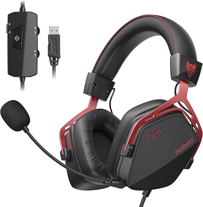 NUBWO HG03 USB-A Gaming Headset with 7.1 Surround and FPS Sound Wired Headphones with Noise Canceling Mic Comfortable Design for PC Laptop - Black Red