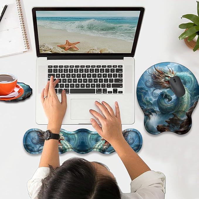Mouse Wrist Rest and Keyboard Wrist Rest Pad+ Coaster Set Non-Slip Rubber Base Smooth Surface Ergonomic Gaming Mouse Pad for Easy Typing and Pain Relief Azure Dragon