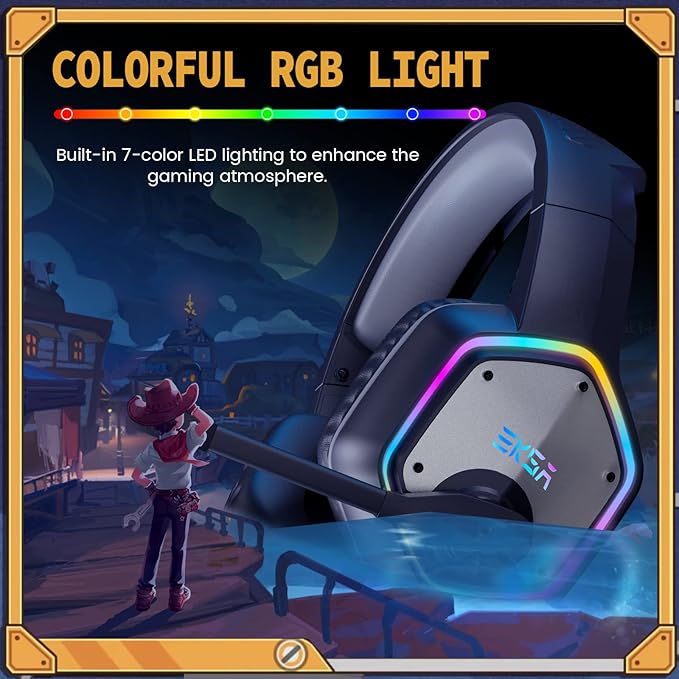EKSA E1000 USB Gaming Headset for PC Computer Headphones with Microphone/Mic Noise Cancelling 7.1 Surround Sound RGB Light - Wired Headphones for PS4 PS5 Console Laptop Call Center