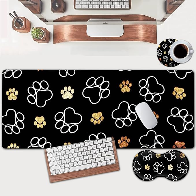 Large Mouse Pad Extended Office Desk Pad 31.5x11.8in Ergonomic Memory Foam Mouse Wrist Rest Support for Home Office Computer Writing Pad Gold White Cute Dog Paws Prints XXL Black Gaming Mouse Mat