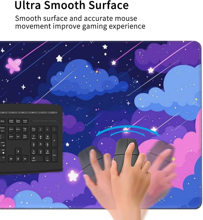 Extra Large Mouse Pad 48x24 Inch Cute Cartoon Cat Starry Sky Desk Mat with Non-Slip Base Purple Mousepad for Gaming Office Soft Keyboard Mat for Full Desk Coverage