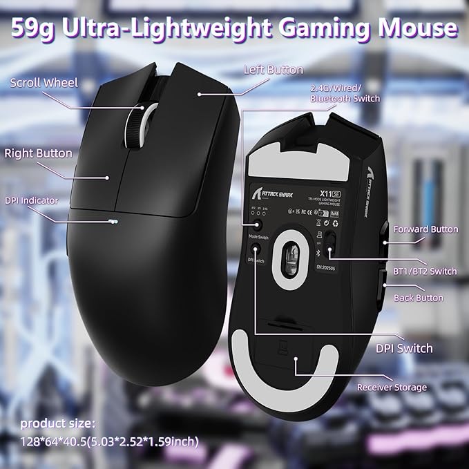 MAMBASNAKE Attack Shark X11SE Lightweight Wireless Gaming Mouse Tri-Mode 2.4G/USB-C Wired/BT 22K DPI PAW3311 Optical Sensor 59g 5 Programmable Buttons 300mAh Battery for PC/Mac(Black)