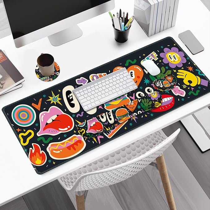Large Gaming Mouse Pad Set 4 in 1 Extended Keyboard Desk Mat with Wrist Rest Computer Game Mousepad Non-Slip Desk Pad Protector Easy Typing Pain Relief for Home Office I Cartoon Heat Lips