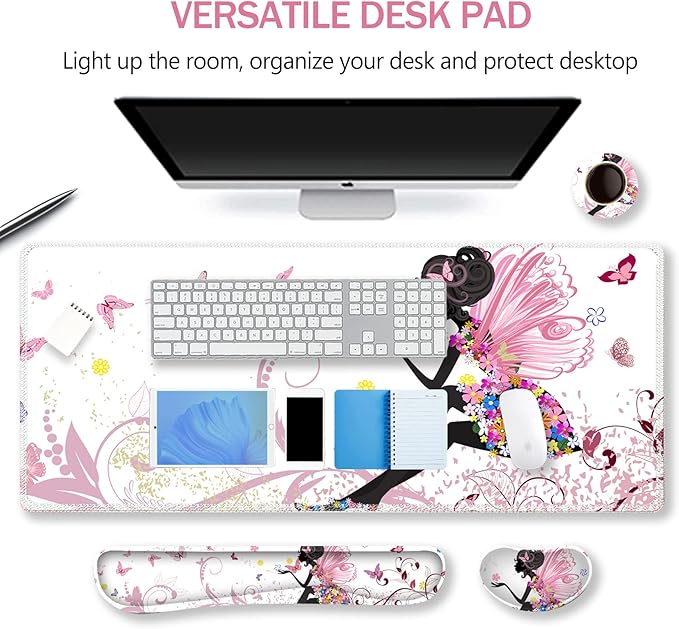 ARTSO Extended Gaming Mouse Pad Set Keyboard Wrist Rest Support Pad + Wrist Cushion + XXL Large Mouse Pad + Coaster Stitched Edge Non-Slip Memory Foam Desk Mat Pink Butterfly Girl
