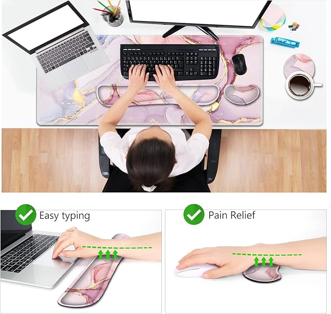AIMSA Large Gaming Mouse Pad Set Keyboard Wrist Rest Support Mouse Pad Ergonomic Memory Foam Multifunctional Extended Desk Mat 35x15.7in Anti-Slip Rubber Base for Office Home Pink Purple Marble