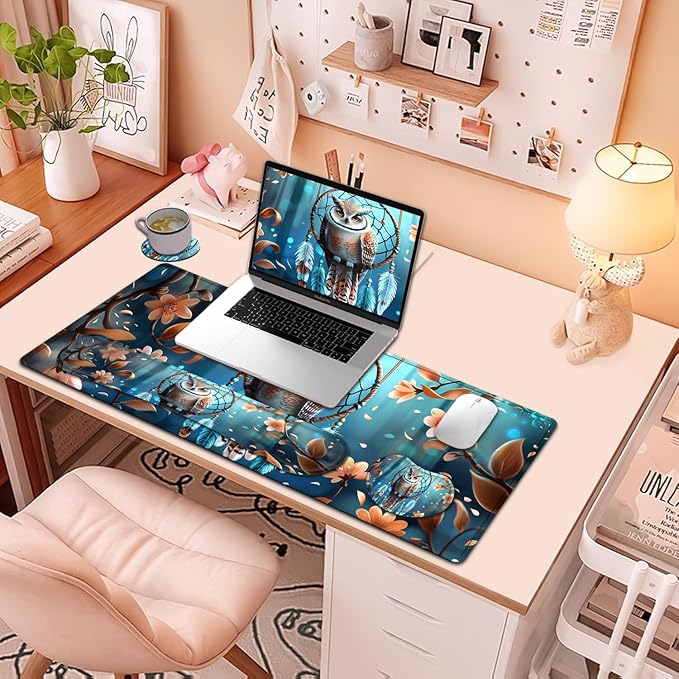 Large Mouse Pad + Keyboard Wrist Rest Set Extended Gaming Mousepad (31.5X11.8 inch) with Non-Slip Rubber Ergonomics Memory Foam Mouse Wrist Rest Support Dreamcatcher and Owl XXL Desk Pad