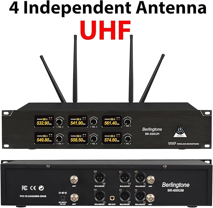 Professional 6-Channel UHF Wireless Microphone System Cordless Metal Handheld Dynamic Mics Perfect for Karaoke Church Singing DJ 262ft Range (BR-660UM)