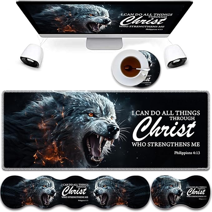 4 in 1 Mouse Pad Combo Large Gaming Mouse Pad + Keyboard Wrist Support + Mouse Wrist Rest + Coaster Table Pad 31.5 x 11.8 with Memory Foam Ergonomic Wrist Pad Set Ferocious Wolf