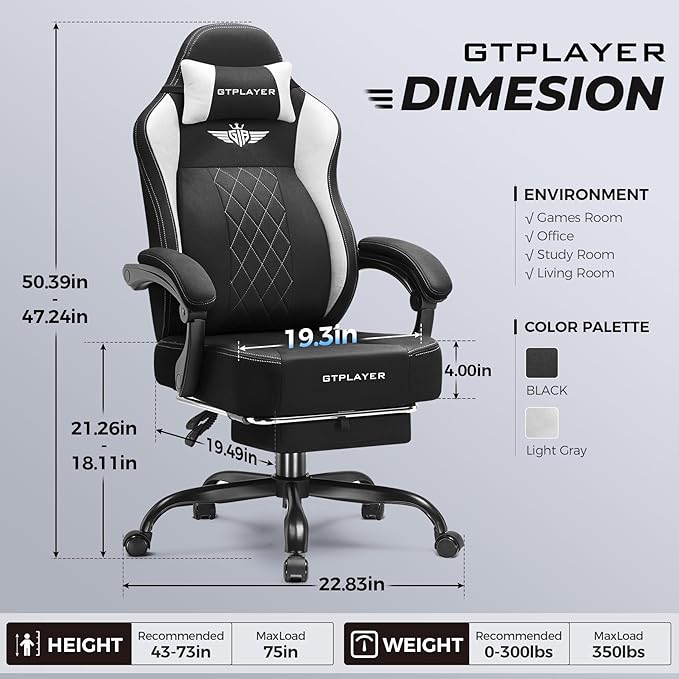 GTPLAYER Big and Tall Gaming Chair Breathable Fabric Computer Chair with Strong Lumbar Support Comfortable Office Chairs with Pocket Spring Cushion High Back Ergonomic Desk Chairs with Footrest