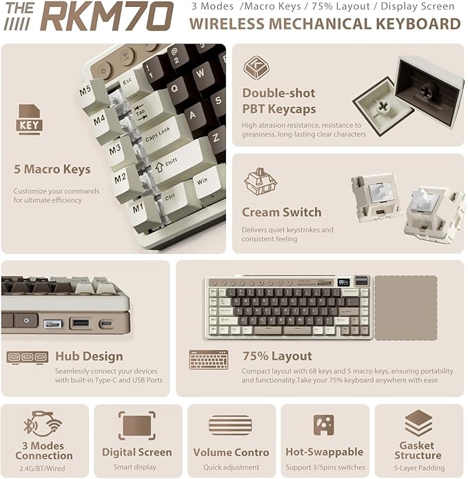RK ROYAL KLUDGE M70 Wireless Mechanical Keyboard with Macro Keys 2.4GHz/Bluetooth/Wired 75% Gaming Keyboard with 6000mAh Battery Gasket-Mount Display &amp Knob RGB Hot-Swappable Linear Cream Switch