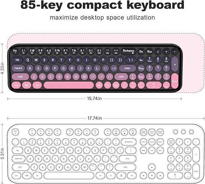Wireless Keyboard and Mouse Combo MOWUX Compact Typewriter Retro Round Computer Keyboard Cute Optical Mouse Wireless Plug and Play for Laptop PC Computer- Plum Pink Gradient