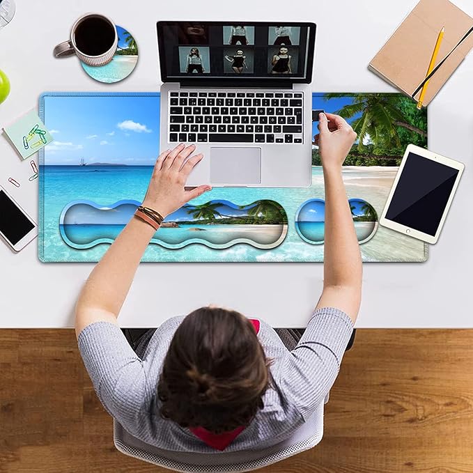 Gaming Mouse PadLarge Mouse Pad with Stitched EdgeNon-Slip Base Office Desk Pad Ergonomic Keyboard Wrist Rest SetWaterproof Writing PadBeach and Coconut Trees Pattern Extended XXL Desk Mat Set