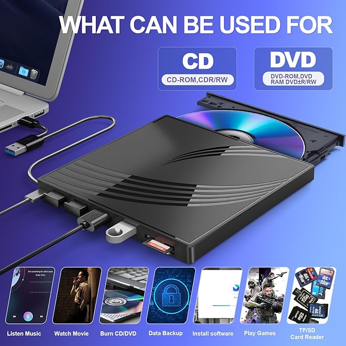 External CD/DVD Drive for Laptop Ultra Slim CD Burner USB 3.0 Hub with 4 USB Ports 2 TF/SD Card Slots1 Type-C PortDVD Player for Laptop Compatible with mac OS/Windows/Linux (Black)