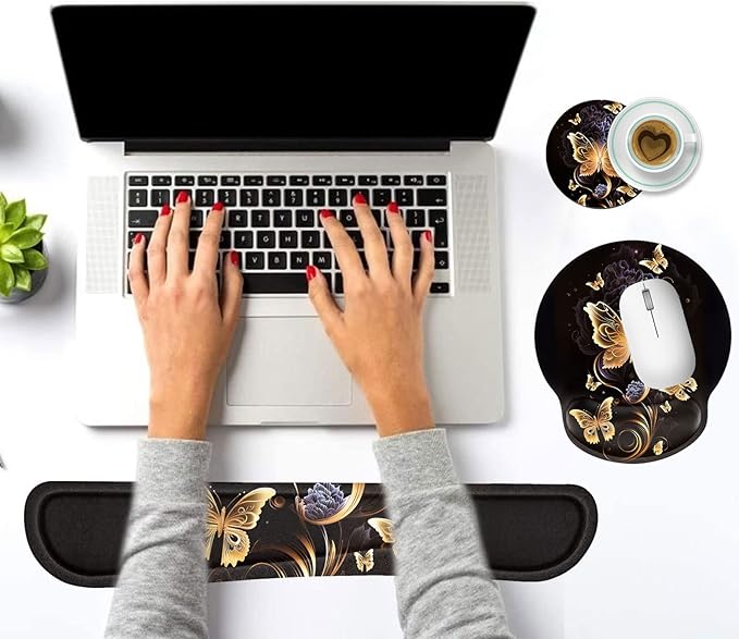 Keyboard Wrist Rest and Mouse Pad Wrist Support Set with Coffee Coaster Non-Slip PU Base for Gaming and Office Comfortable &amp Lightweight for Easy Typing &amp Pain ReliefGold Butterfly