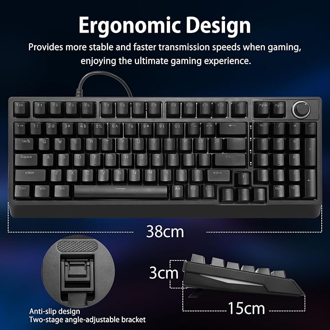 HUO JI Mechanical Gaming Keyboard Wired 17 LED Backlit Modes Liner Red Switch Volume Knob Anti-Ghosting Double-Shot Shine Through Keycaps 96% Light Up Keyboard for PC Mac