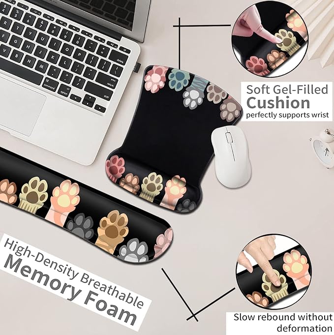 Ergonomic Mouse Pad with Wrist Support Gel Non-Slip Laptop Computer Keyboard Mousepad for Office &amp Home Cute Cat Paws Design Memory Foam Keyboard Wrist Rest Colorful Cat Paws