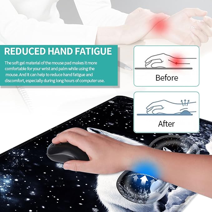 Keyboard Mouse Pad Set Extended Gaming Mouse Pad+Ergonomics Keyboard Wrist Rest Support Memory Foam Easy Typing Pain Relief 4Pcs XL Ultra Thick Desk MatFox Snowy Night Sky