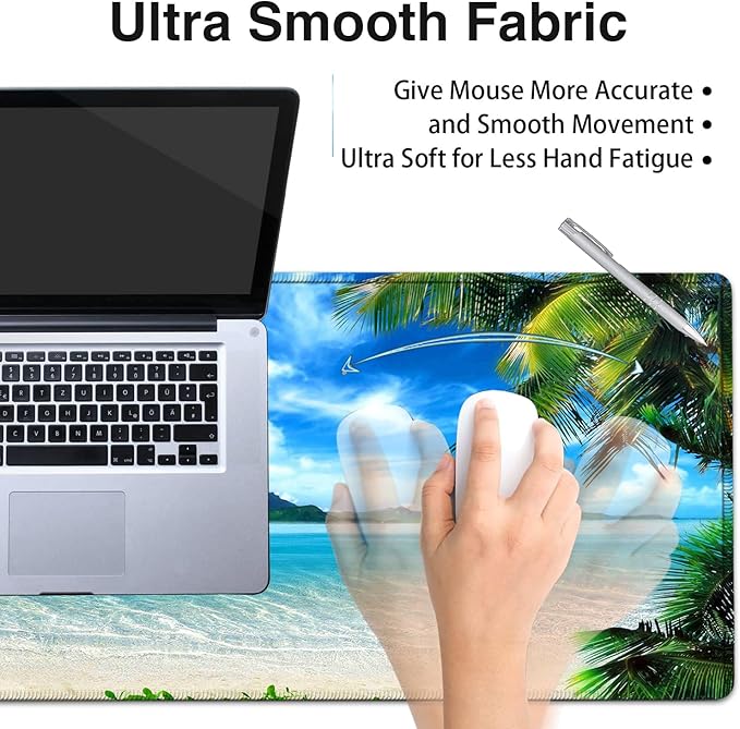 Desk Pad Extended Large Mouse Pad with Stitched Edges (31.5X11.8In) Ergonomic Mouse Wrist Rest Waterproof Computer Keyboard Mouse Mat Coconut Trees on Sands Beach Seascape XXL Gaming Mouse Pad