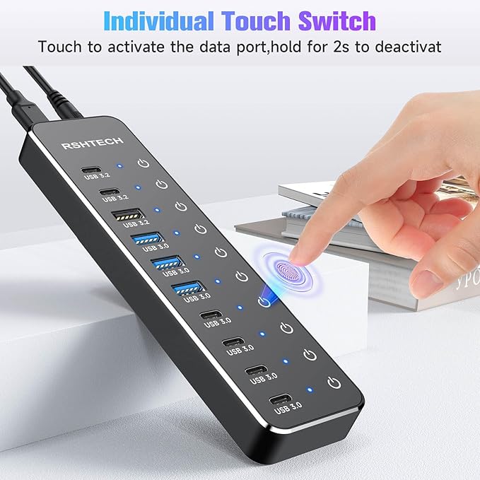 RSHTECH 10 Ports Powered USB 3.2/USB C Hub Splitter 60W with 3 x 10Gbps USB 3.2 Ports (2C + 1A)7 x USB 3.0 Ports (4C + 3A) 3.3ft Cable and Individual Touch Switches for Laptop PC