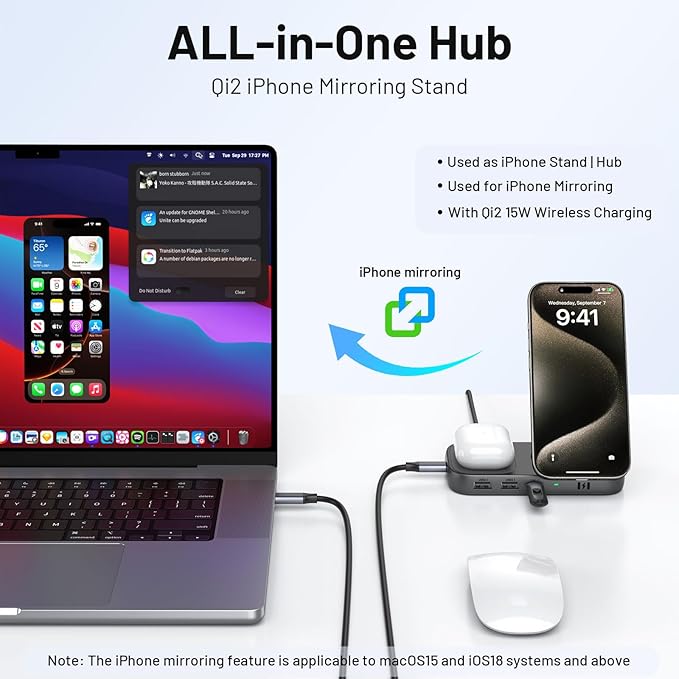 Selore USB C Hub with Wireless Charging for MacBook: 4K@60Hz HDMI 100W PD 15W Qi2 + 5W Wireless 10Gbps Ports iPhone Mirroring Docking Station &amp Magsafe Stand Space-Saving Desk Organizer(Black