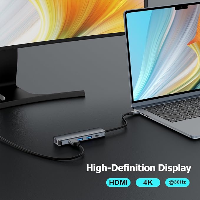 USB C Hub Ethernet HDMI Multiport Adapter for MacBook Pro/Air iPad Laptop Dock with 5Gbps USB A/C 1Gbps RJ45 Gigabit Ethernet 4K 30Hz HDMI 100W Pass Through Charging