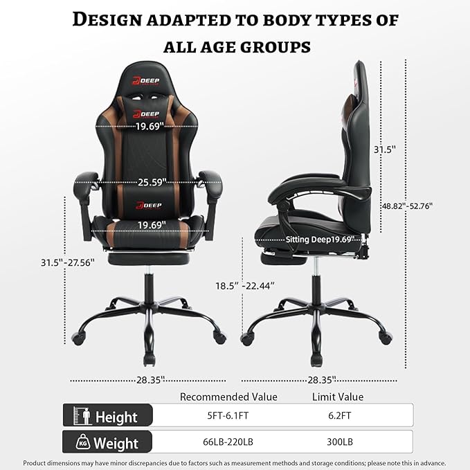 Ergonomic Gaming Chair with Footrest and Lumbar Massage Racing Office Chair High Back Computer Desk Chair with Headrest Pillow for Adults Video Game Chair for PC Gamer (1001-Brown)