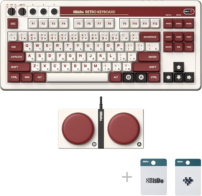 8Bitdo 87 Keys Retro Mechanical Keyboard Bluetooth/2.4G/USB-C Hot Swappable Dual Super Programmable Buttons Volume knob for Windows and Android - Fami Edition
