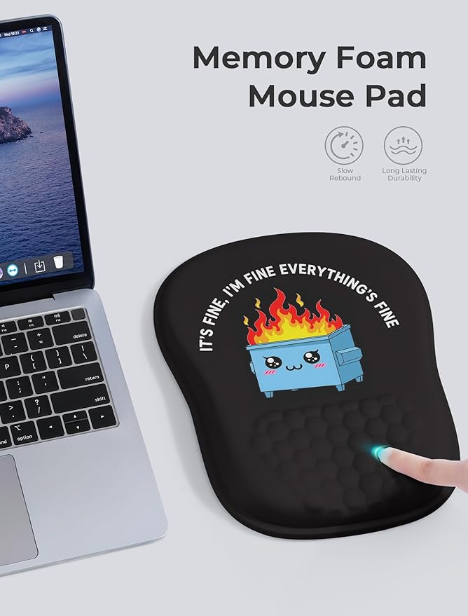 Funny Dumpster on Fire Ergonomic Mouse Pad for Carpal Tunnel Pain Relief 65% Usable Mouse Area Memory Foam Concave Wrist Rest for for Office PC Gaming